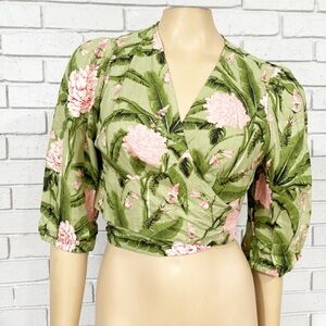 Agua Bendita Women's Large Peony Print Tie Wrap Top Dark Olive/Blush